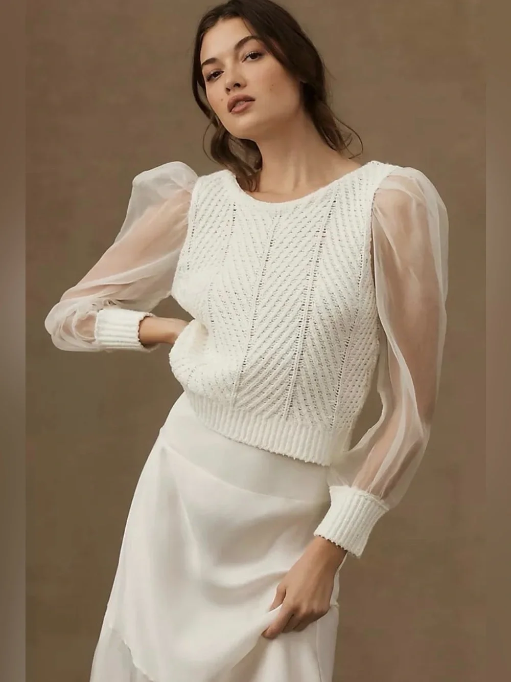 Anthropologie Maeve Cable Twofer Sweater Ivory Silk Sheer Puff Sleeve Cotton S